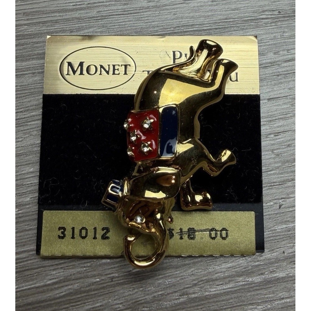 Vintage Monet Patriotic Elephant Brooch Pin Gold Tone Red White Blue Enamel NOS